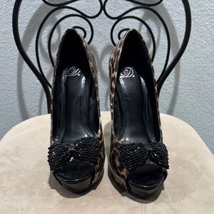 Leopard Print Peep Toe Heels with Black Beaded Bow